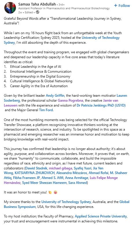 Samaa Taha Abdullah LinkedIn Post