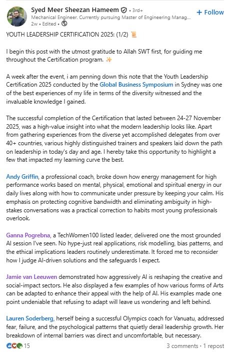 Syed Meer Sheezan Hameem  LinkedIn Post