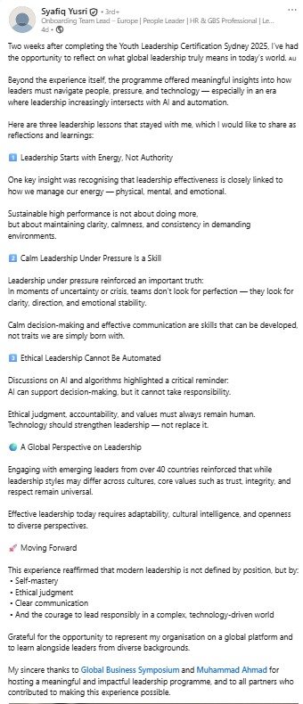 Syafiq Yusri  LinkedIn Post