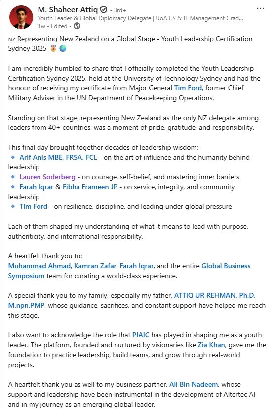 M. Shaheer Attiq  LinkedIn Post