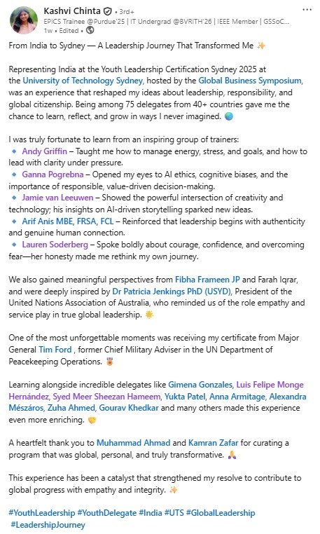 Kashvi Chinta  LinkedIn Post