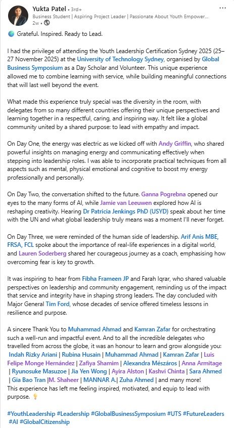 Yukta Patel LinkedIn Post