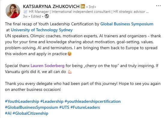 KATSIARYNA ZHUKOVICH LinkedIn Post